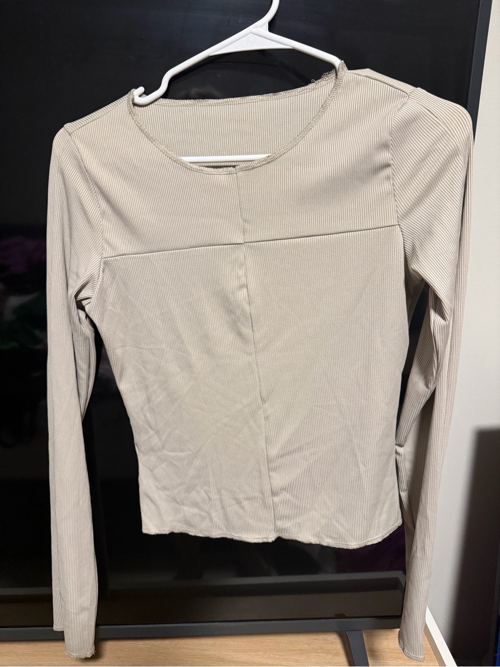Soft Ribbed Long Sleeve Crew Top in Beige